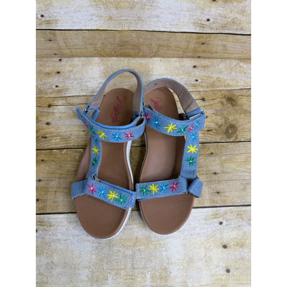 Jellypop Kids Blue Denim Embroidered Floral Strappy Sandals Size 3M Hook Loop